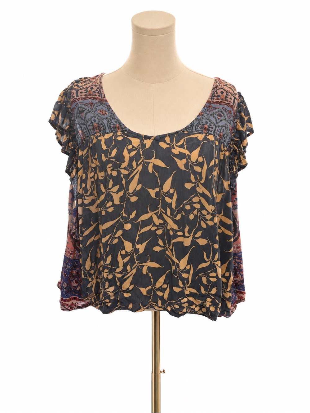 Easel Size Large Boho Mixed Print Flowy Blouse Top Blue Pink Floral